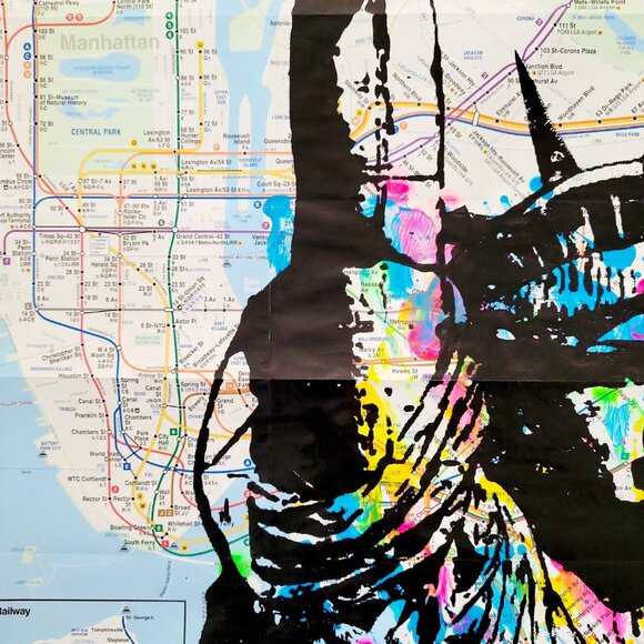 Handpainted Statue of Liberty Unique Acrylic Art painting on a NYC Subway map - Picture 5 of 8